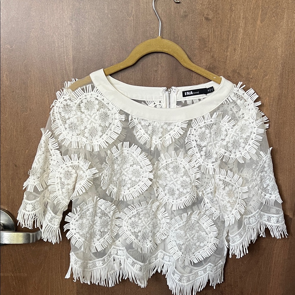 ✨ INA Chic Cropped Lace Blouse – Medium, Sheer with Fringe Detail ✨